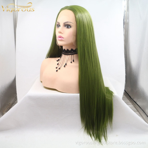 Vigorous mono long green premium high quality straight wholesale black women synthetic hair wigs with lace front